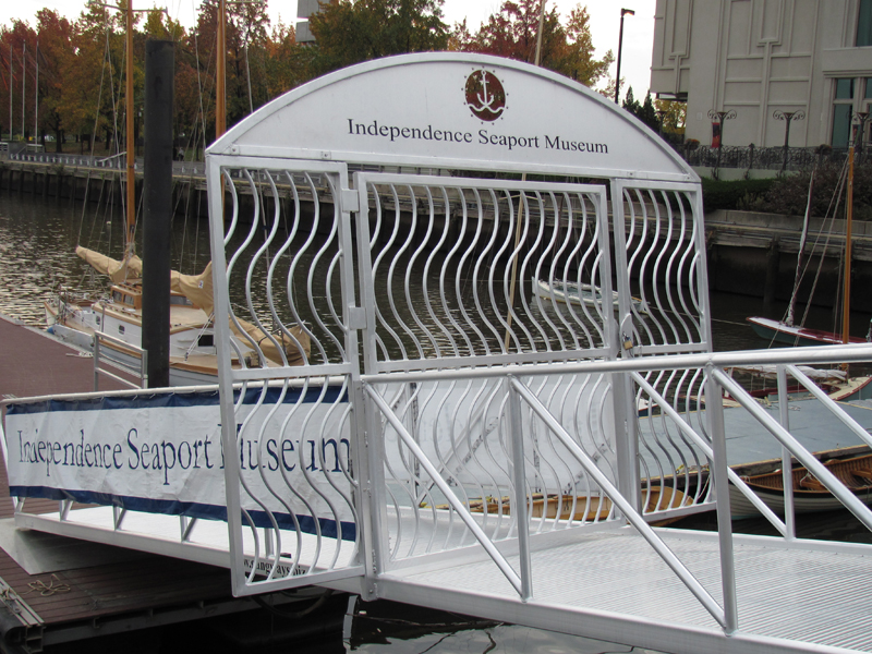 aluminum gangways go between a set of dolphins